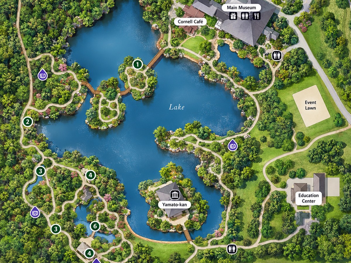 Map of Morikami Museum and Japanese Gardens showing the museum building, the six Roji-en gardens, the bonsai collection, tea house, Cornell Café, parking, and the mile-long trail connecting the gardens around the lake